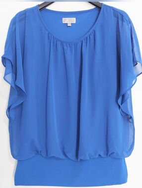 JM Collection Women's Blue Flutter Sleeve Blouse Medium Layered Bubble Hem Top M